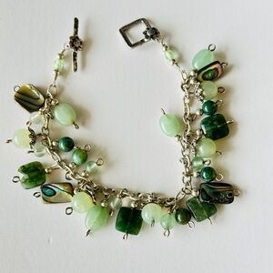 Green gem beads and shell Sterling Silver Charm Bracelet 925